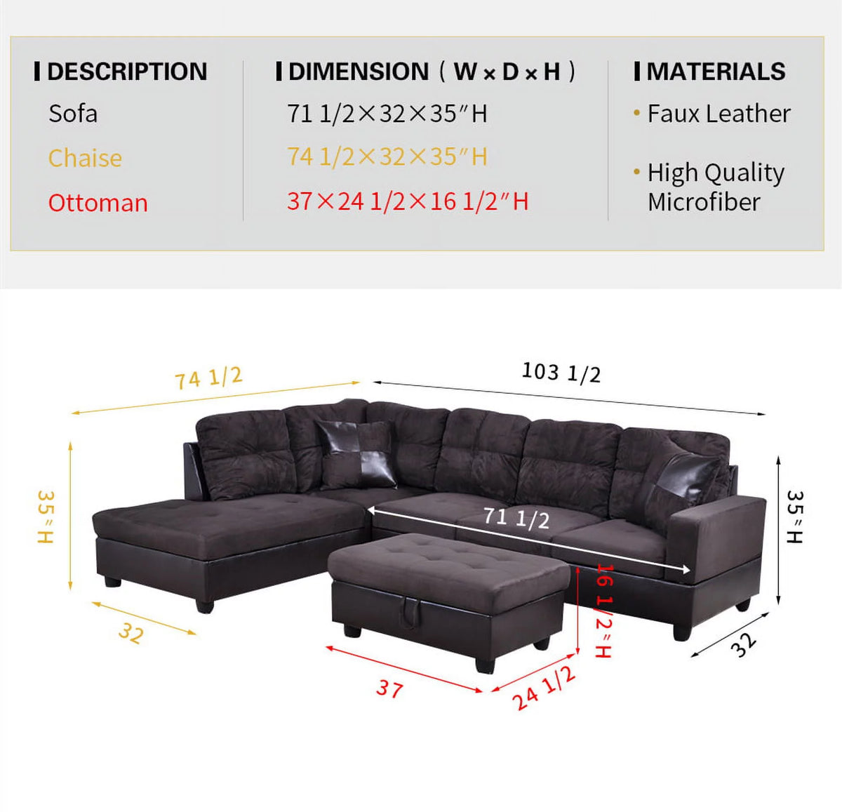 Microfiber Leather Sectional Sofa with Storage Ottoman R530262