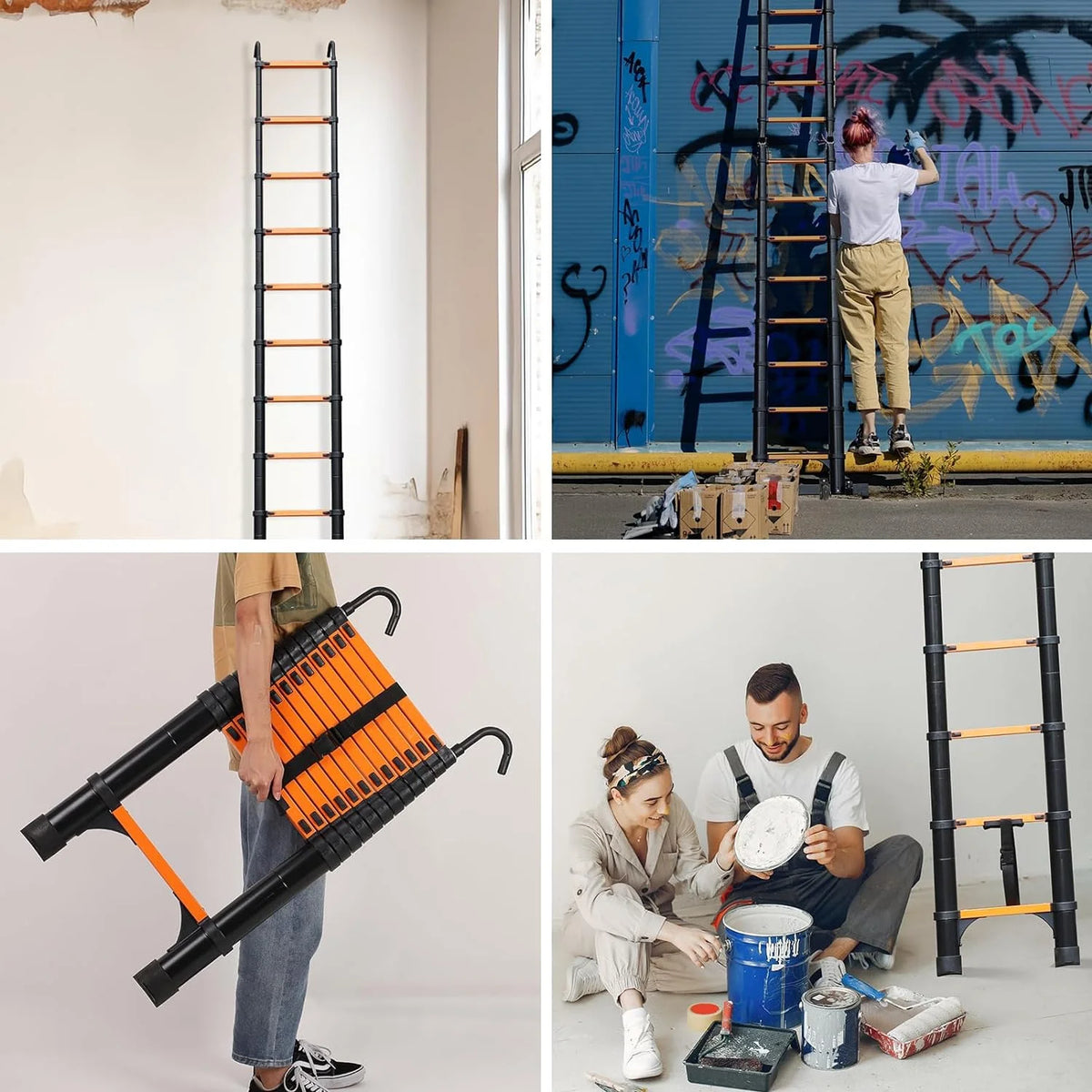 Telescoping Ladder 10.5 FT Aluminum with 2 Detachable Roof Hooks and 2 Triangle Stabilizers Y97877