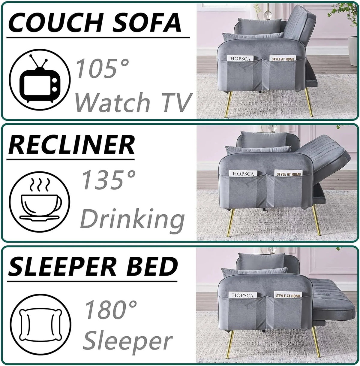 Grey Velvet Convertible Folding Sofa Bed O93044