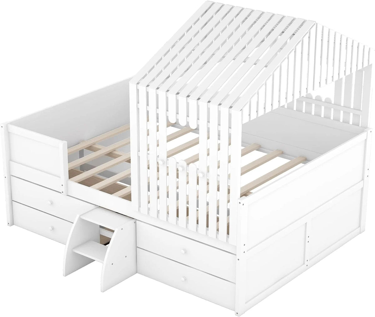 White Full Size Wood House Bed with 4 Drawers S97969