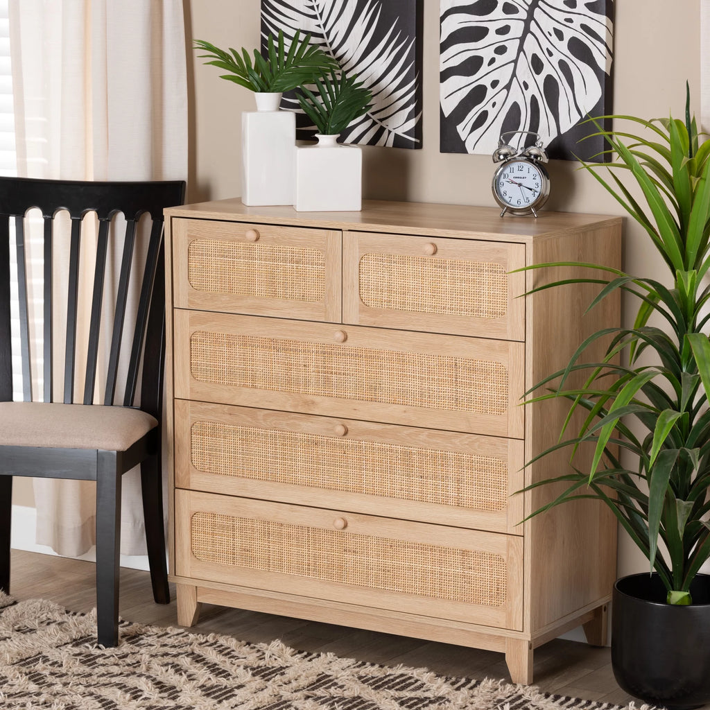 Oak Brown Wood and Natural Rattan 5-Drawer Storage Cabinet V1167