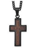 Black Plated Stainless Steel Wood Inlay Cross Pendant Necklace with Chain M7554