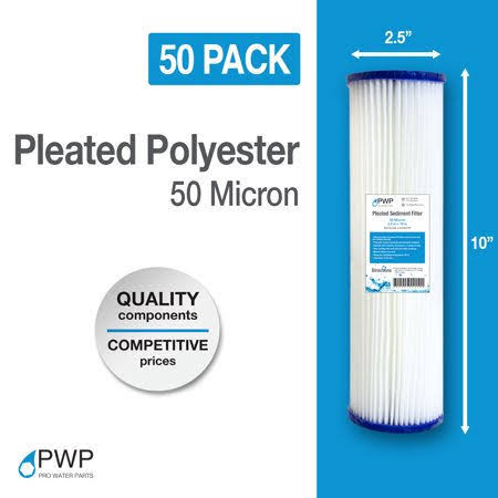 50 Pack Pleated Polypropylene Water Filter Cartridges 10x2.5 50 Micron H280608