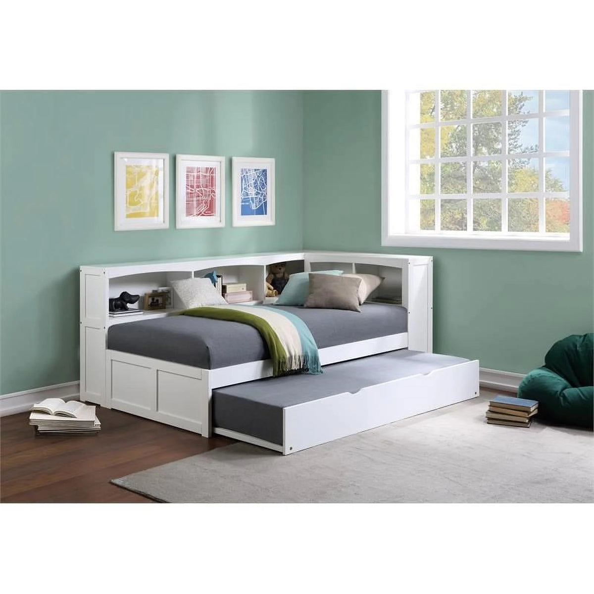White 5-Shelf Wood Twin Corner Bed Y375486