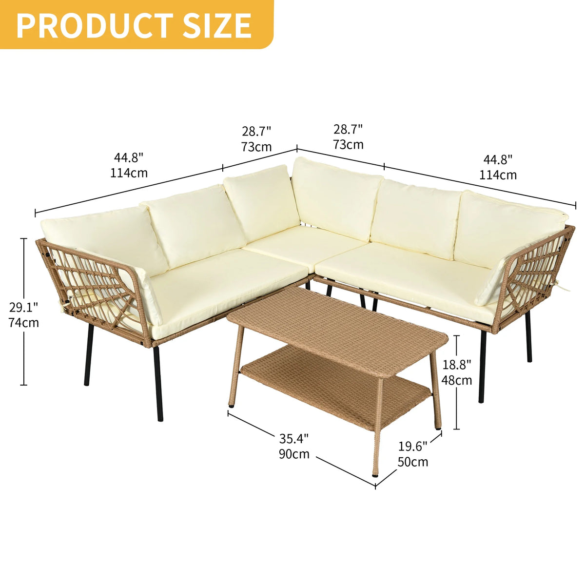 Beige Wicker L-Shaped Sofa Set with Cushions and Coffee Table V25988