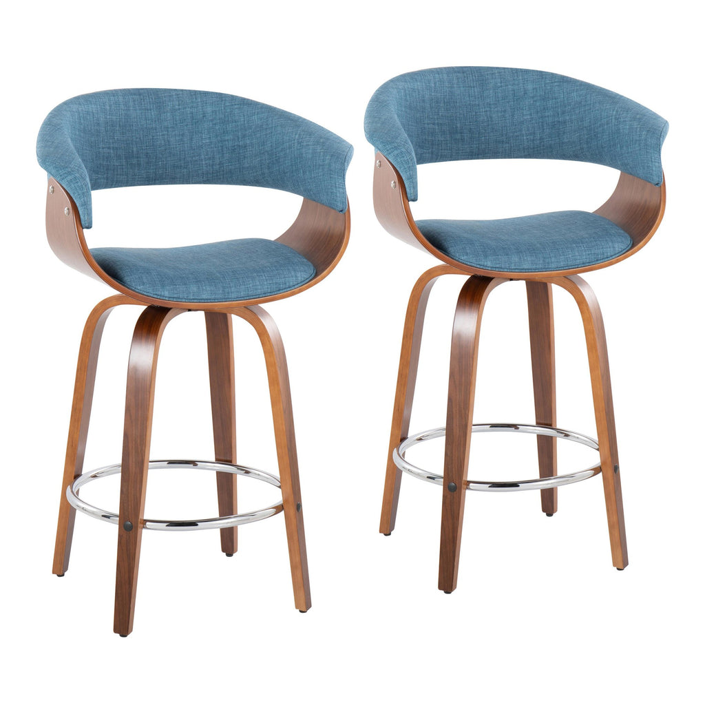 26" Mid-Century Modern Counter Stool with Swivel in Walnut Wood and Blue Fabric with Round Chrome Metal Footrest - Set of 2 I8586