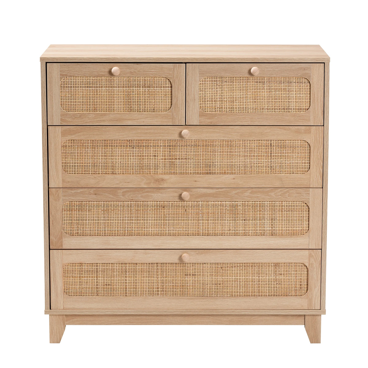 Oak Brown Wood and Natural Rattan 5-Drawer Storage Cabinet V1167