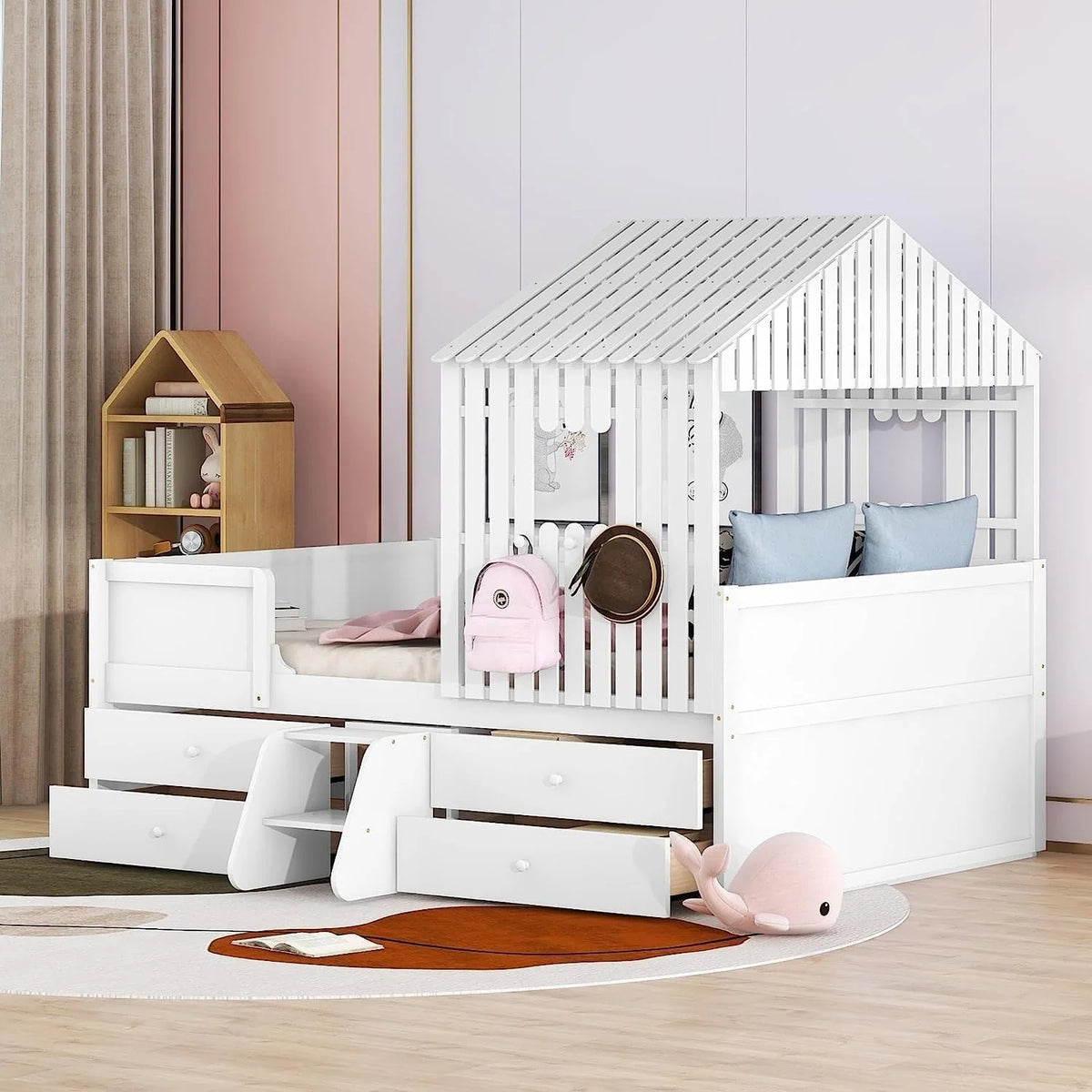 White Full Size Wood House Bed with 4 Drawers S97969
