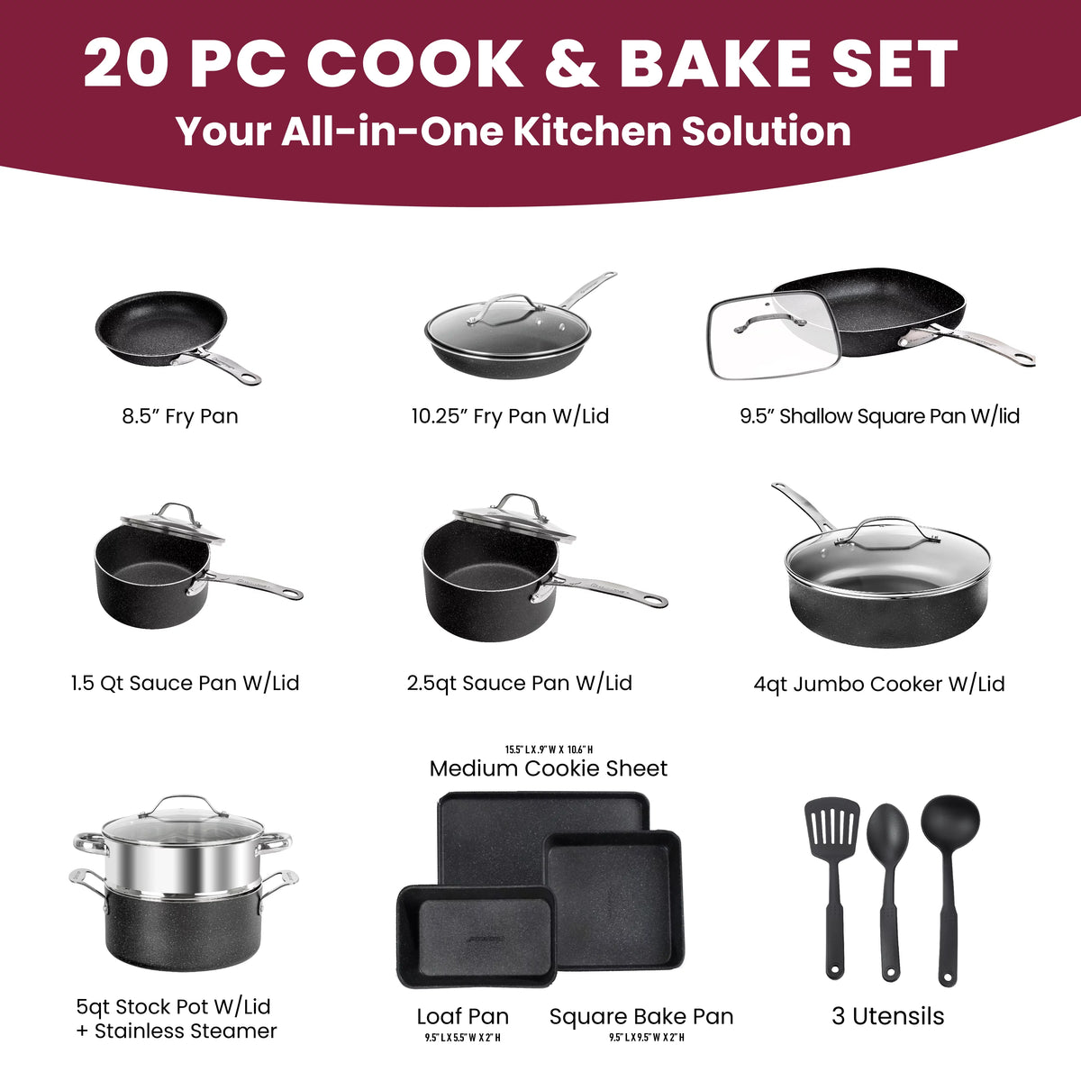 20 Pcs Nonstick Granite Stone Cookware and Bakeware Set M7731