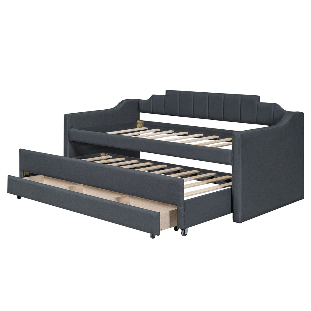 Twin Size Upholstered Daybed with Trundle and Drawers, Dark Gray J9545