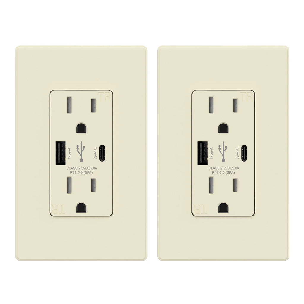 25-Watt 15 Amp Type A and Type C Dual USB Wall Charger with Duplex Tamper Resistant Outlet, Light Almond (2-Pack) S87112
