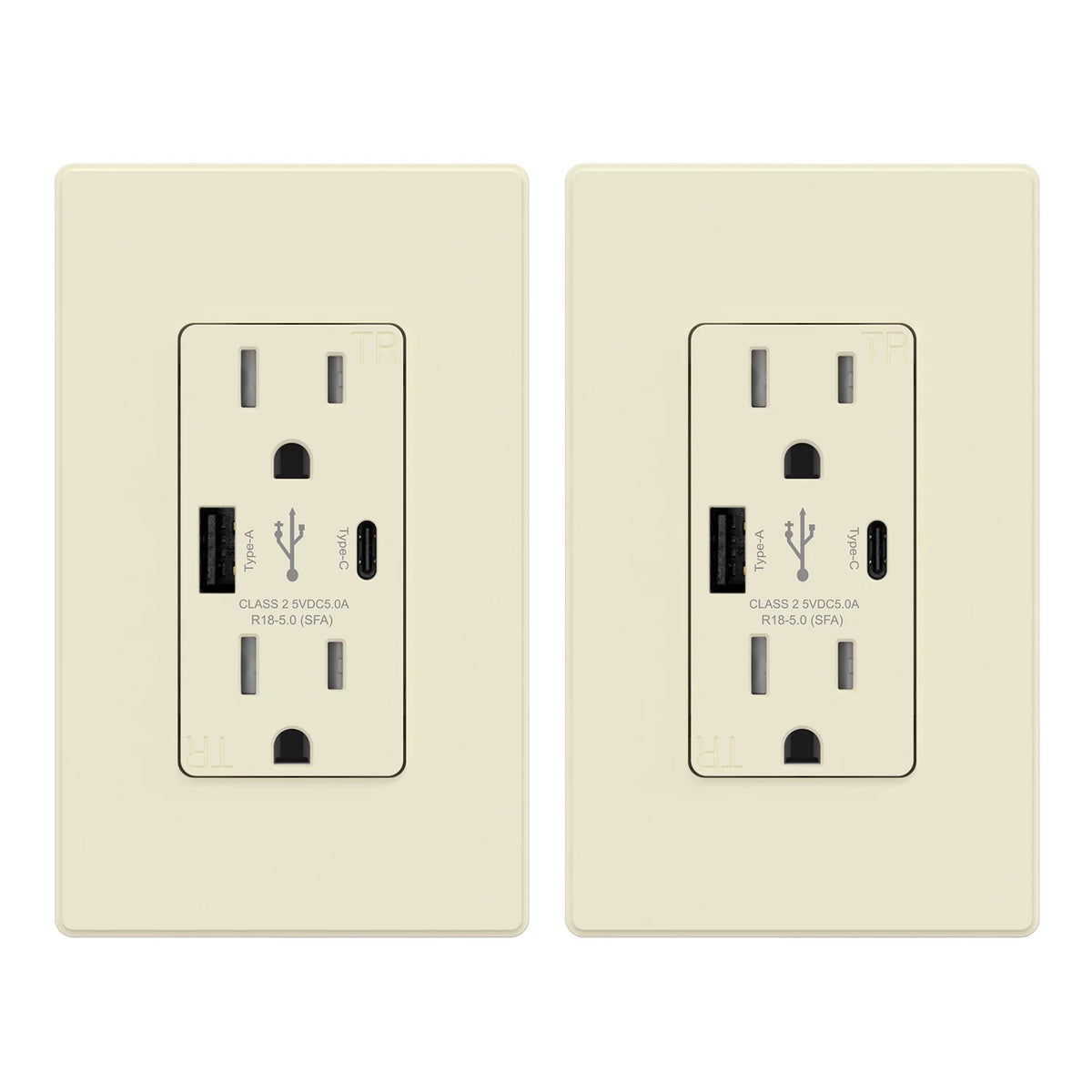 25-Watt 15 Amp Type A and Type C Dual USB Wall Charger with Duplex Tamper Resistant Outlet, Light Almond (2-Pack) S87112