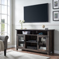 Tall Rustic TV Stand with Glass Storage Cabinets & Open Shelves D527