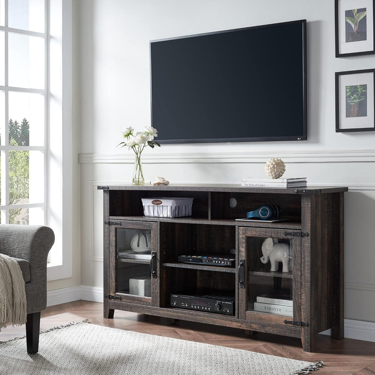 Tall Rustic TV Stand with Glass Storage Cabinets & Open Shelves D527