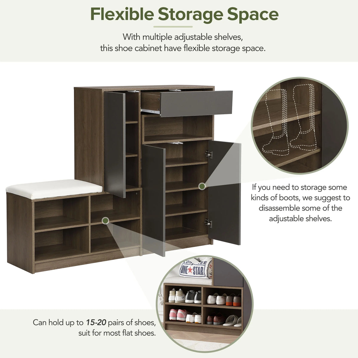 Dark Grey Shoe Storage Bench with Padded Seat and Adjustable Shelves M15363