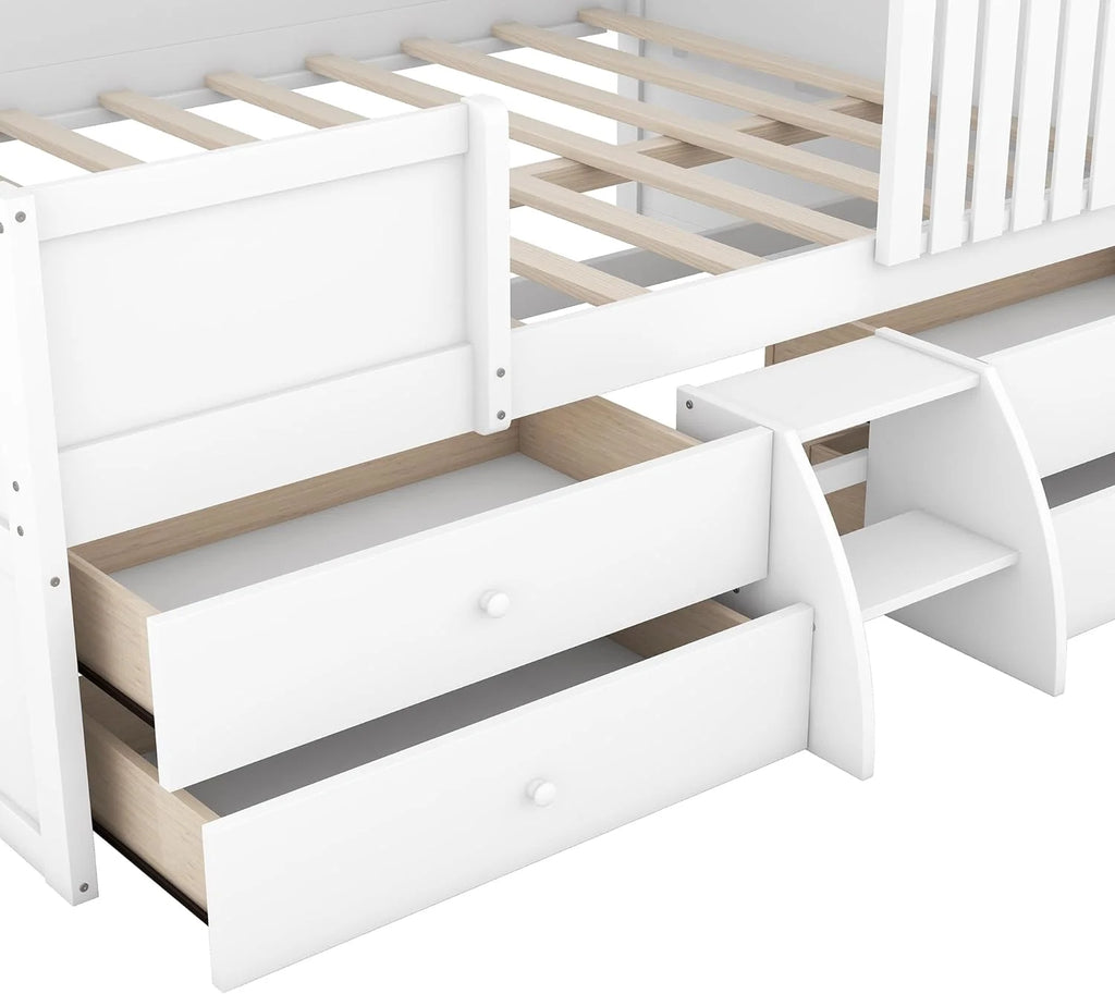 White Full Size Wood House Bed with 4 Drawers S97969