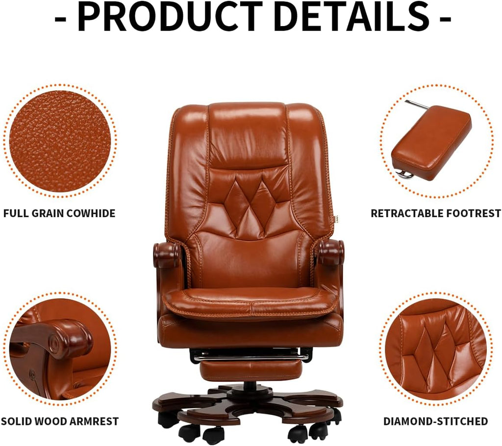 Massage Office Chair with Footrest Genuine Leather Fully Reclining Solid Wood Handrail Adjustable Tilt Back Angle Black X19178