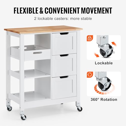 White 26 inch Rolling Kitchen Island Cart with 3 Drawers and Shelves X59820