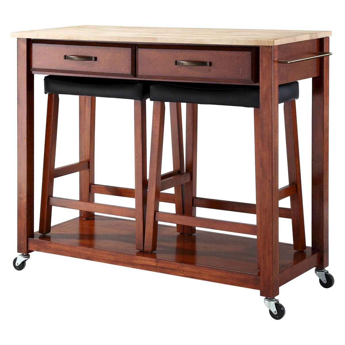 Natural Wood Top Kitchen Cart with 24x22 Saddle Stools M5790