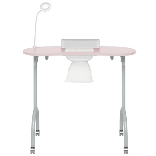 Portable Foldable Manicure Nail Table with Dust Collector Fan, LED Lamp, 4 Lockable Wheels and Carry Bag, Pink J326