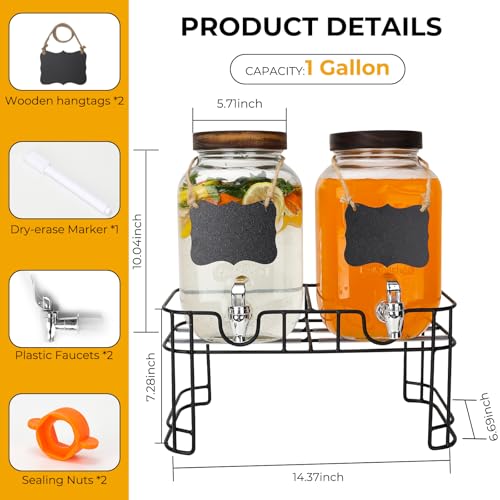 2 Pack 1 Gallon Glass Beverage Dispenser with Stand and Spigot D219378