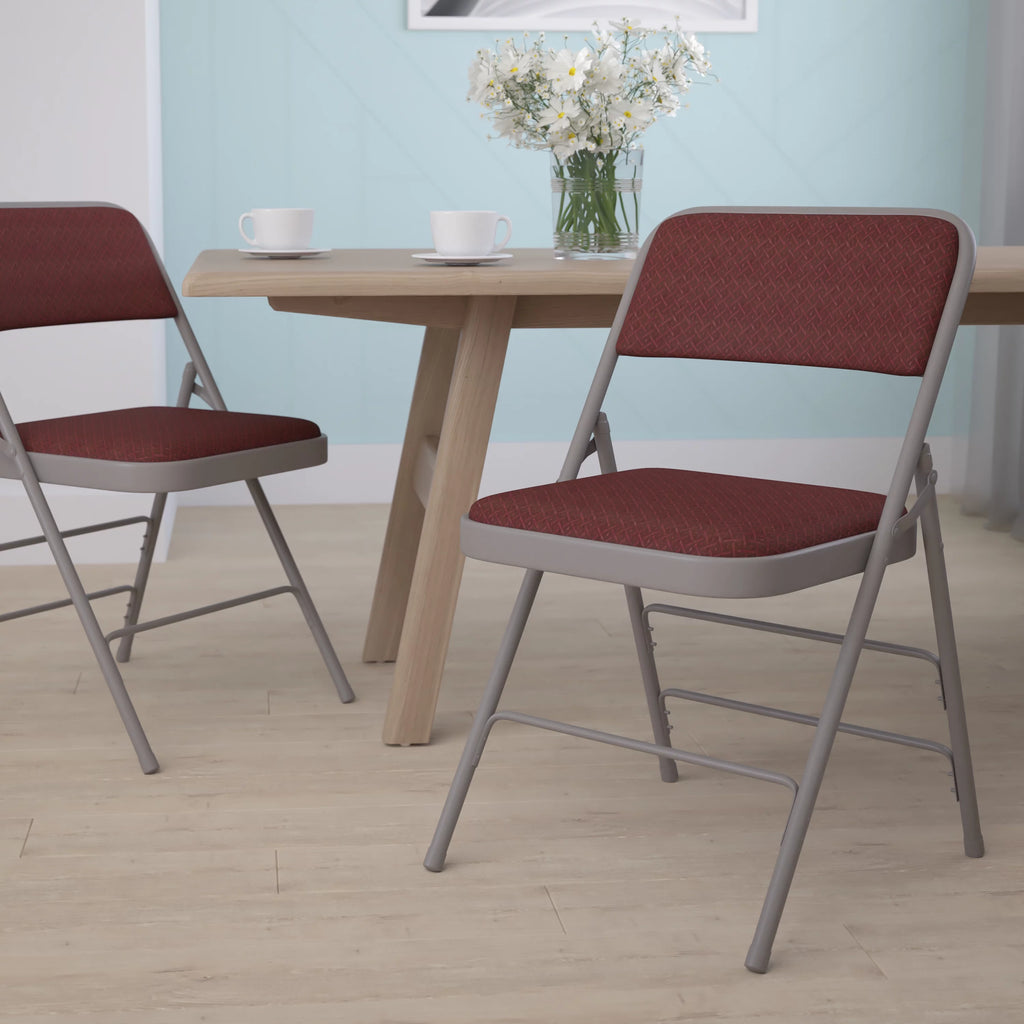 Burgundy Patterned Fabric Metal Folding Chair M594