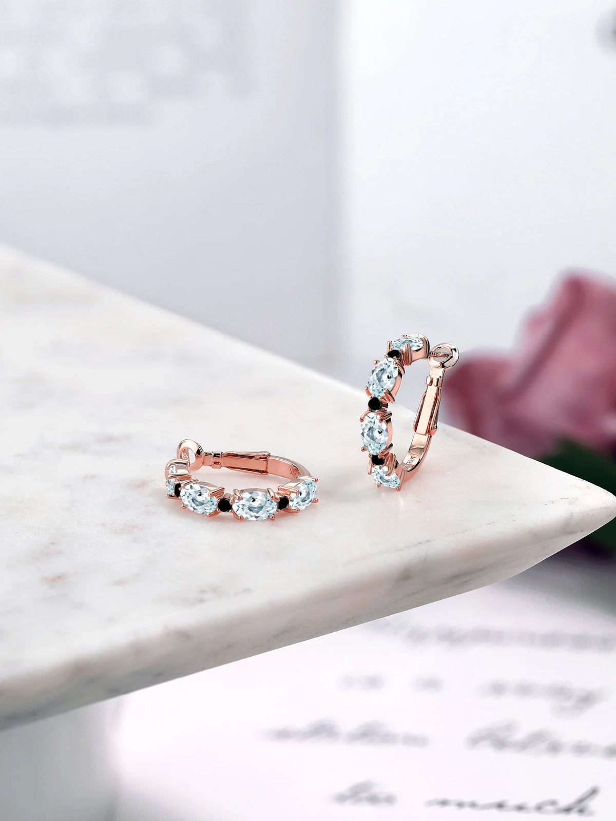 Sky Blue Aquamarine Black Diamond 18K Rose Gold Plated Silver Earrings I369571