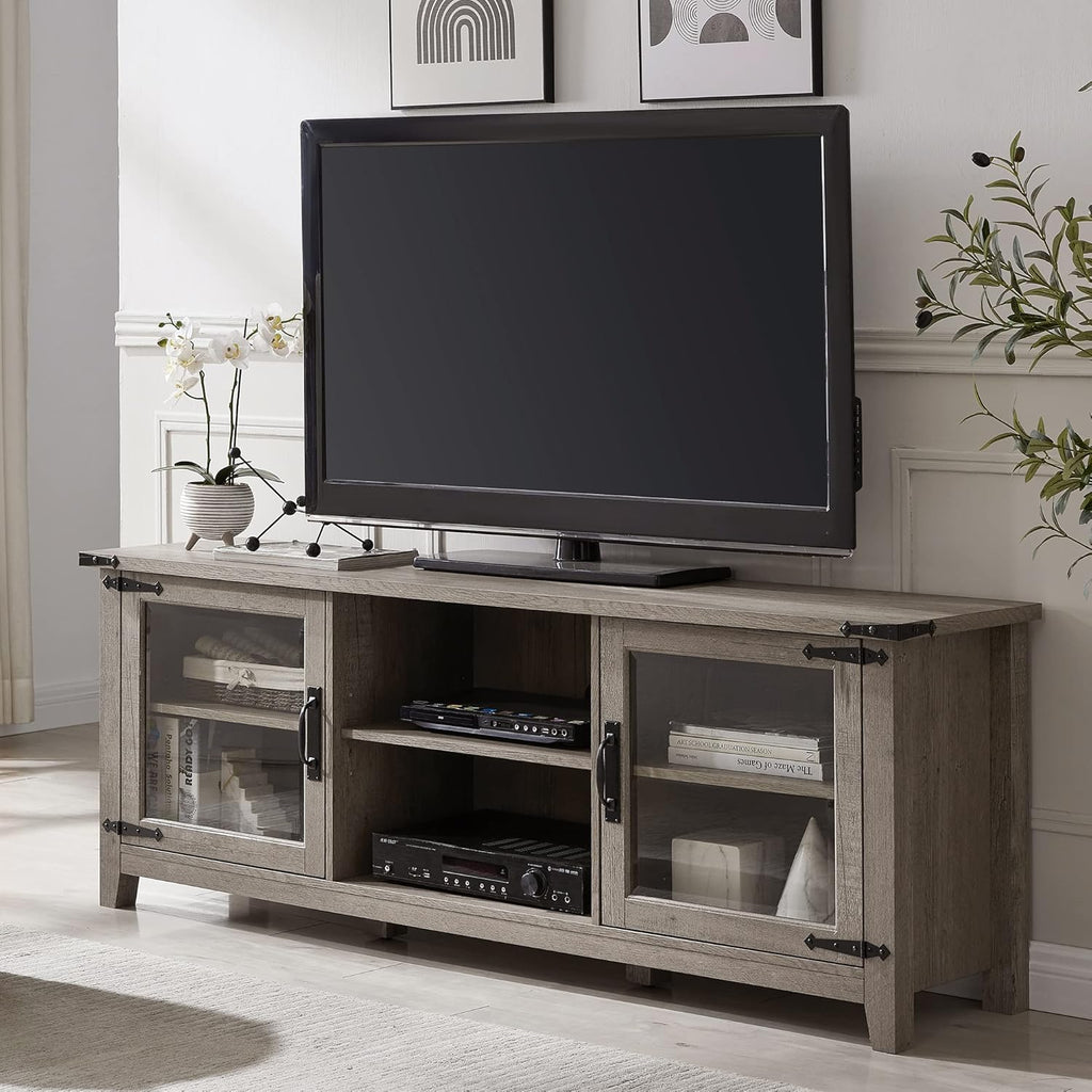 Tall Rustic TV Stand with Glass Storage Cabinets & Open Shelves D527