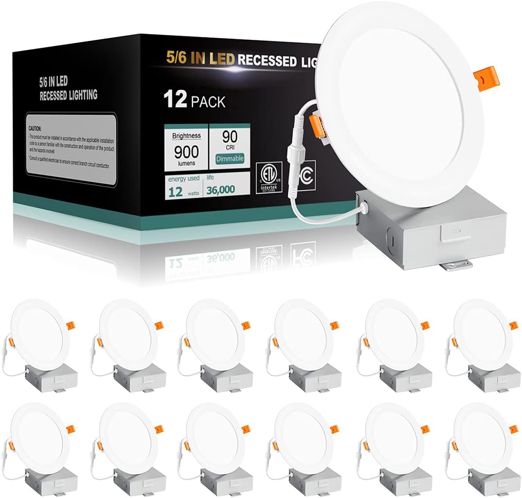 12W 12PACK 6 Inch LED Recessed Light with Junction Box, 5000K Daylight R484