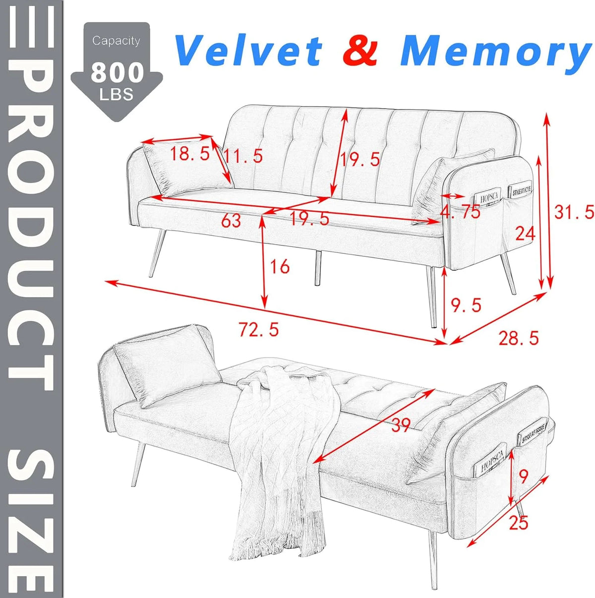 Grey Velvet Convertible Folding Sofa Bed O93044