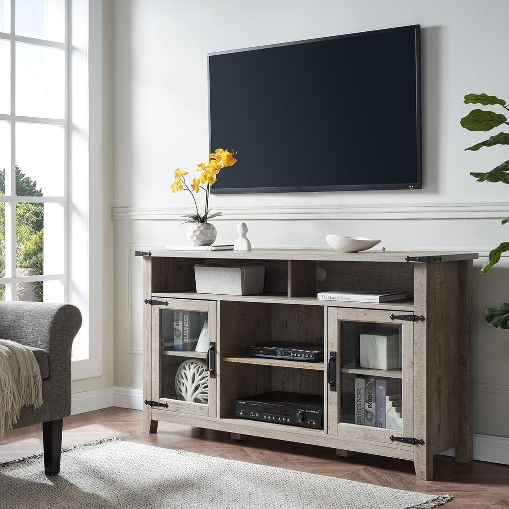 Tall Rustic TV Stand with Glass Storage Cabinets & Open Shelves D527