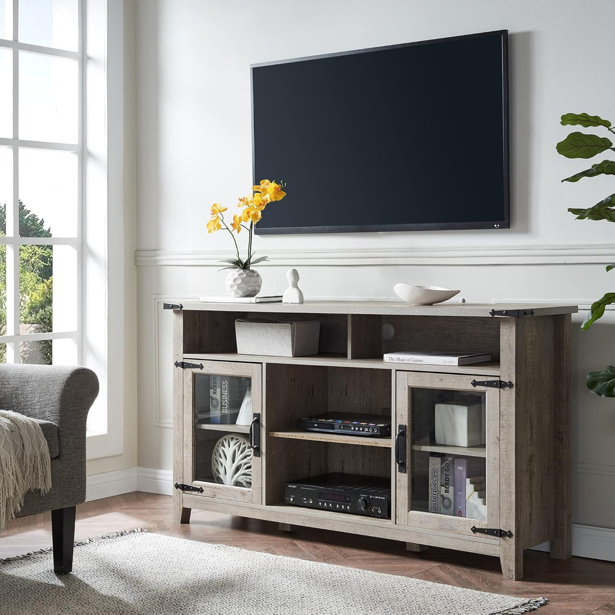 Tall Rustic TV Stand with Glass Storage Cabinets & Open Shelves D527