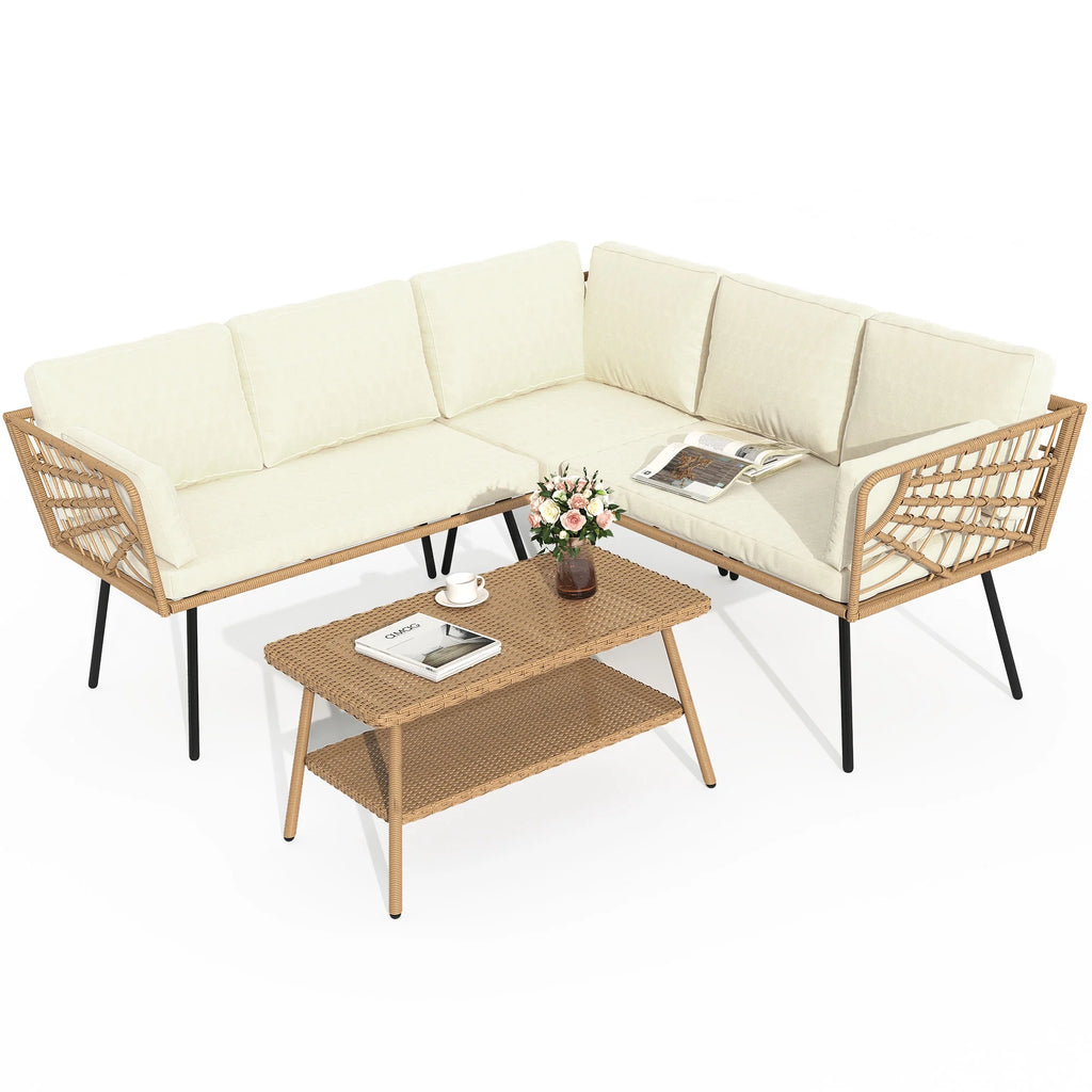 Beige Wicker L-Shaped Sofa Set with Cushions and Coffee Table V25988