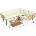 Beige Wicker L-Shaped Sofa Set with Cushions and Coffee Table V25988