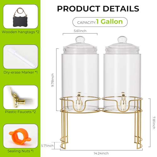 2 Pack 1 Gallon Glass Beverage Dispenser with Stand and Spigot D219378