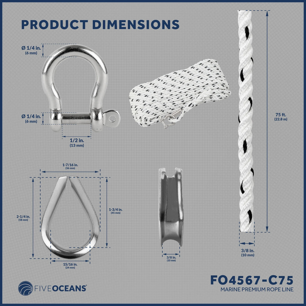 3/8 inch x 75 ft 3-Strand White Nylon Anchor Rope with Stainless Steel Thimble and Schakle K581