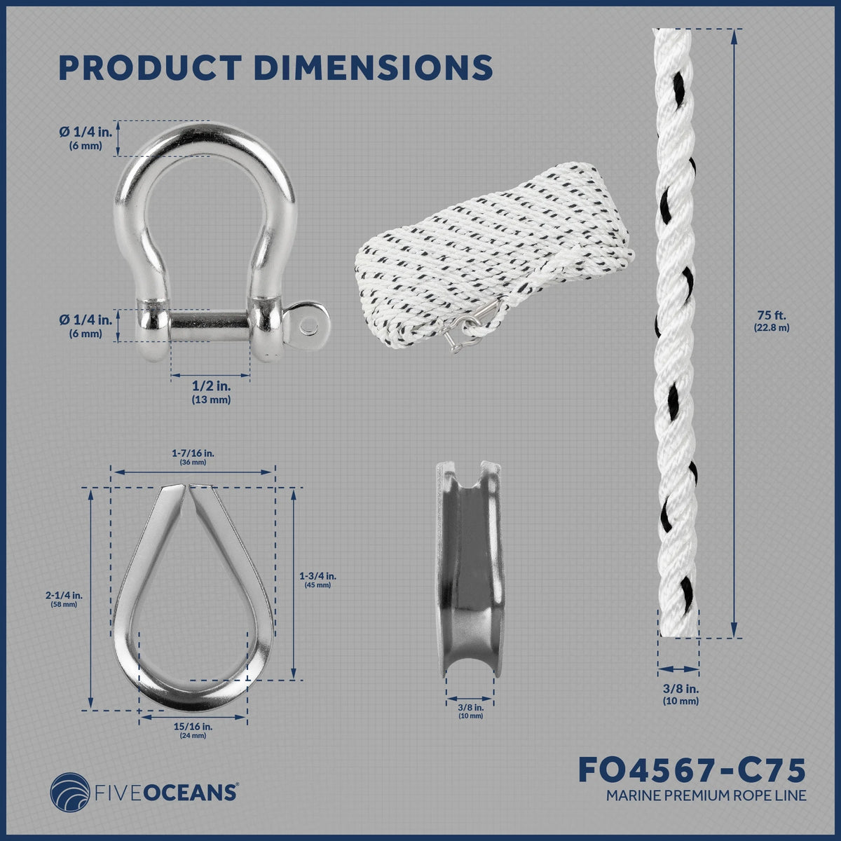 3/8 inch x 75 ft 3-Strand White Nylon Anchor Rope with Stainless Steel Thimble and Schakle K581