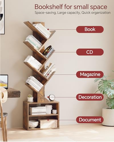 6 Tier Rustic Brown Tree Bookshelf with Storage Cabinet K125