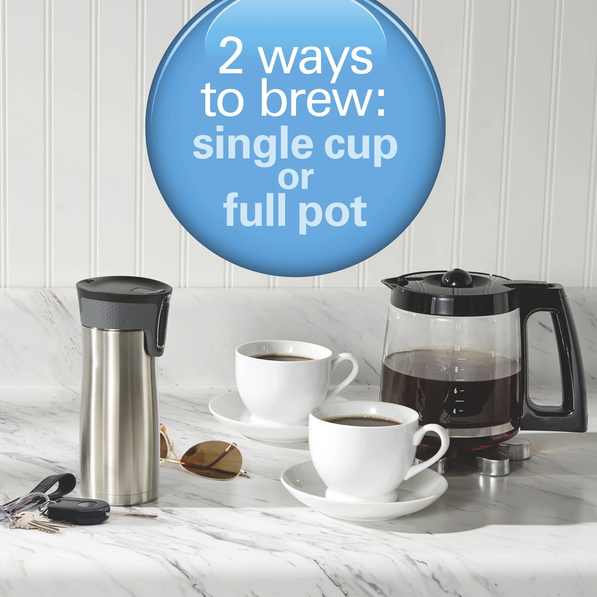 2-Way Programmable Coffee Maker, Single-Serve and 12-Cup Pot, Glass Carafe, Stainless Steel F55497