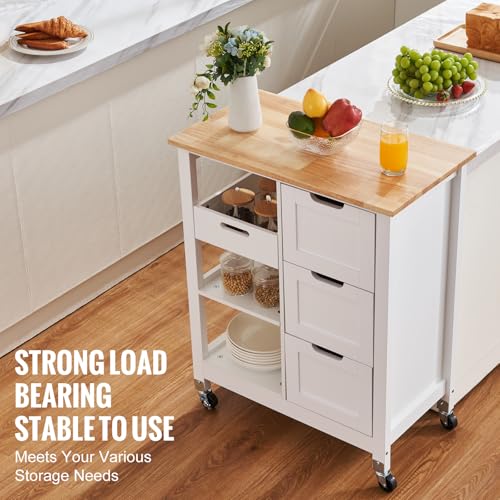 White 26 inch Rolling Kitchen Island Cart with 3 Drawers and Shelves X59820