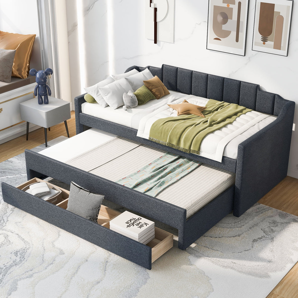 Twin Size Upholstered Daybed with Trundle and Drawers, Dark Gray J9545