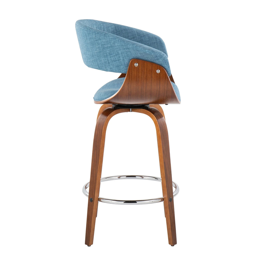 26" Mid-Century Modern Counter Stool with Swivel in Walnut Wood and Blue Fabric with Round Chrome Metal Footrest - Set of 2 I8586