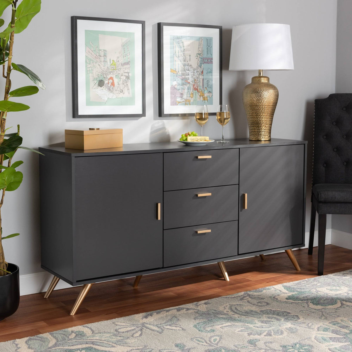Dark Grey and Gold Finished Wood 2-Door Sideboard Buffet Y443682