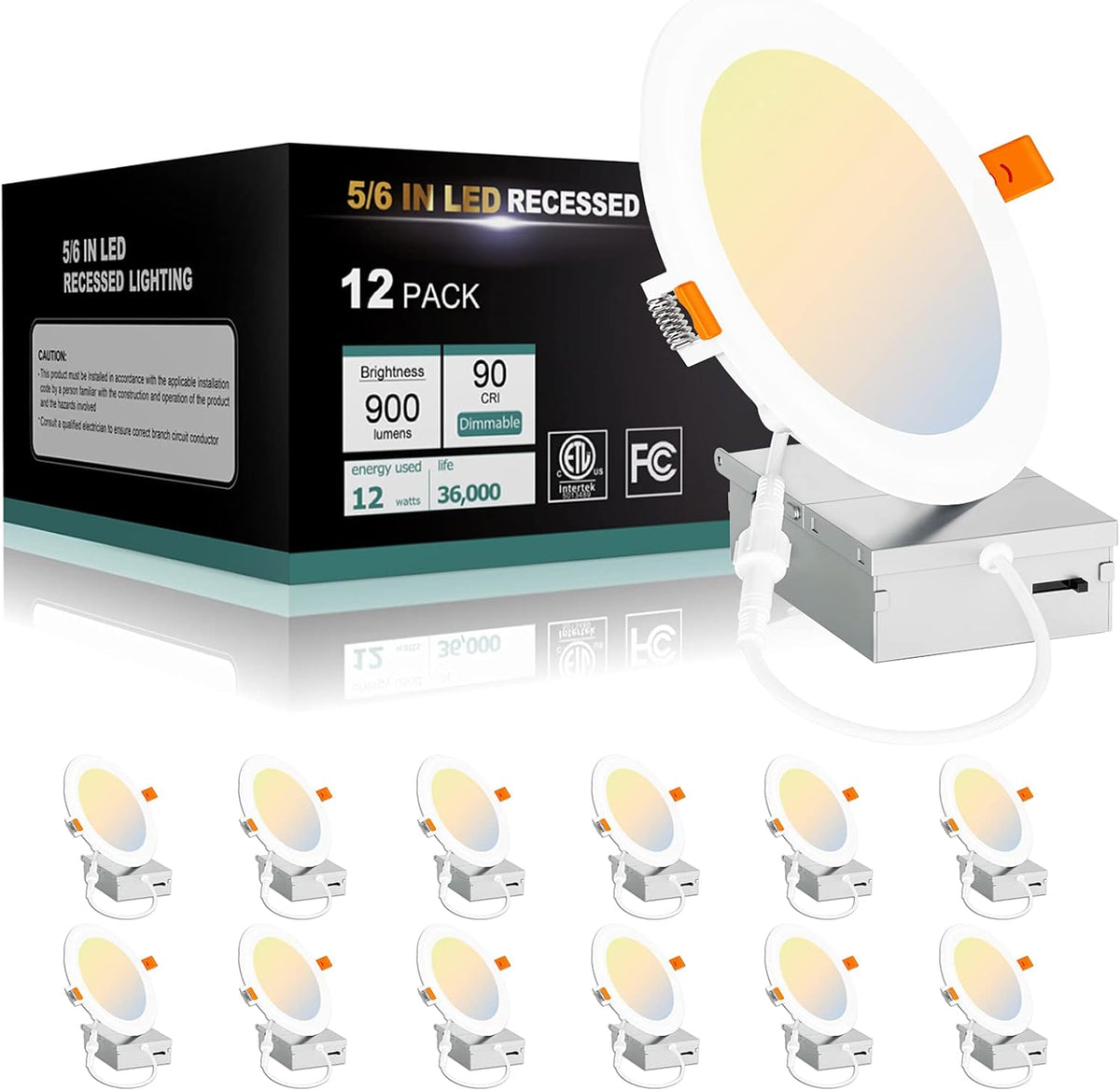 12W 12PACK 6 Inch LED Recessed Light with Junction Box, 5000K Daylight R484