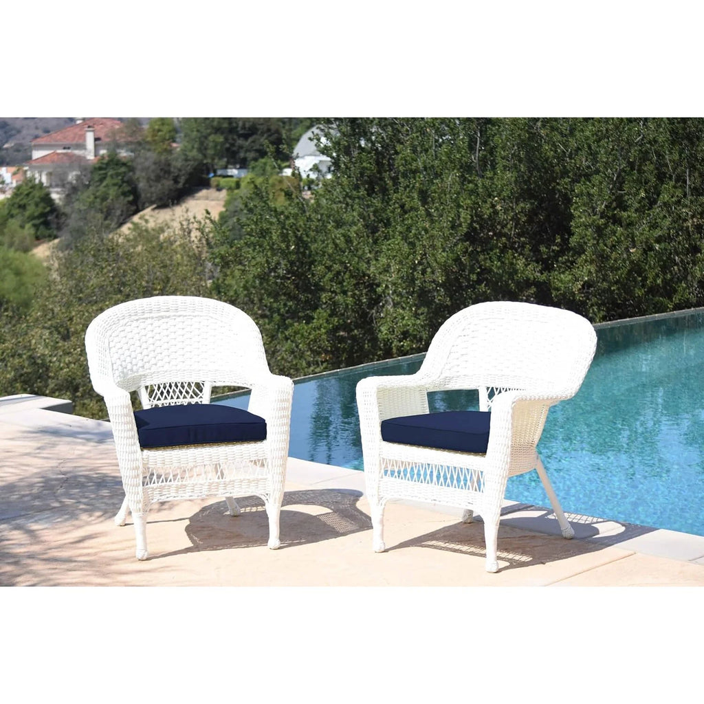 White Wicker Chair with Blue Cushion Set of 2 I926970