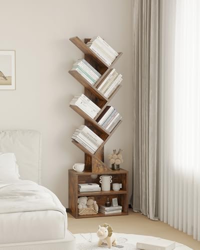 6 Tier Rustic Brown Tree Bookshelf with Storage Cabinet K125