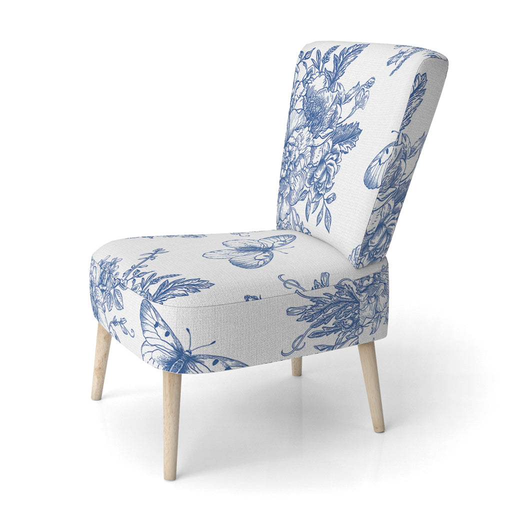 Blue Flowers and Butterflies Upholstered Accent Chair and Arm Chair O66099