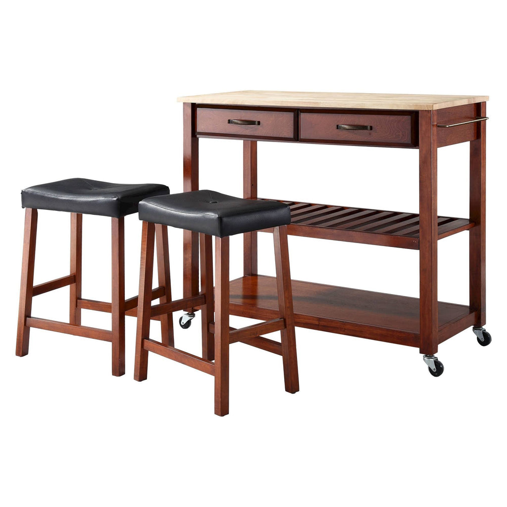 Natural Wood Top Kitchen Cart with 24x22 Saddle Stools M5790