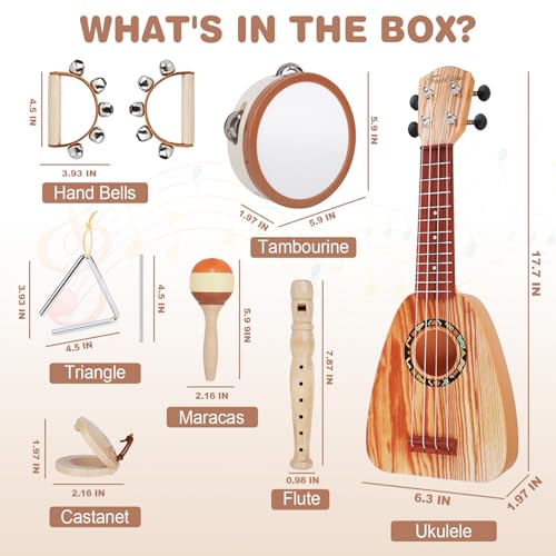 Kids Guitar Set 7 in 1 Musical Instruments with Ukulele Flute Tambourine Maracas O619