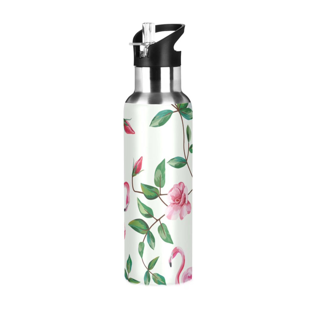 Pink Flamingos Rose Flowers Insulated Thermos Kids Stainless Steel Bottle with Straw Lid 20 oz I93723